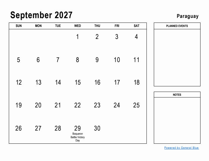 September 2027 Printable Monthly Calendar with Paraguay Holidays