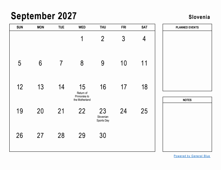 September 2027 Printable Monthly Calendar with Slovenia Holidays