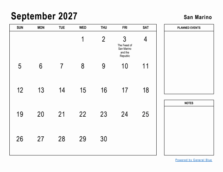 September 2027 Printable Monthly Calendar with San Marino Holidays