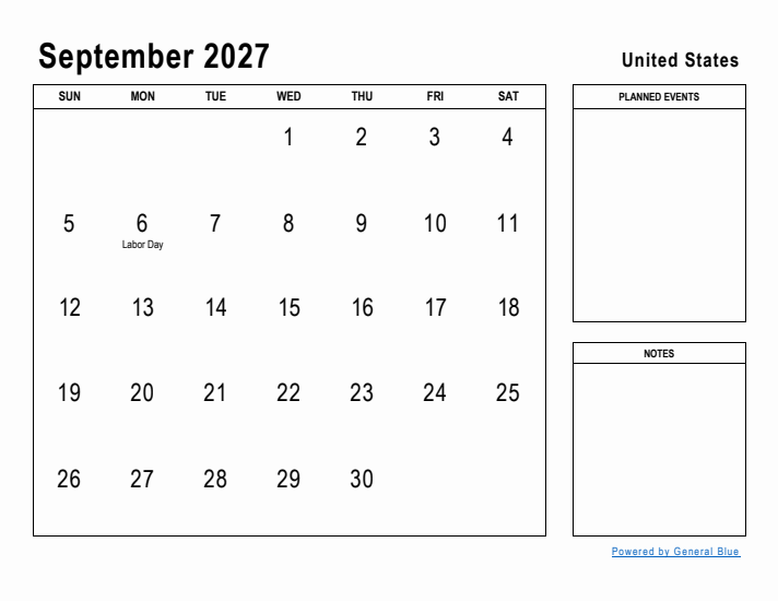 September 2027 Printable Monthly Calendar with United States Holidays