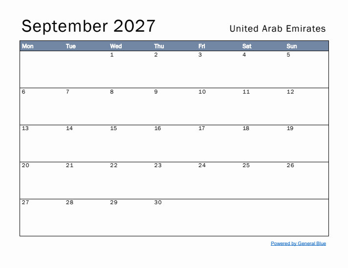 September 2027 Simple Monthly Calendar for United Arab Emirates