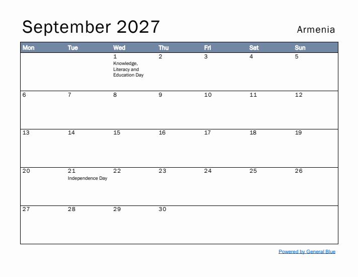 September 2027 Simple Monthly Calendar for Armenia