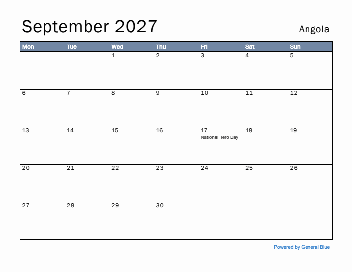 September 2027 Simple Monthly Calendar for Angola