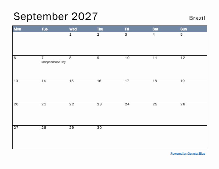 September 2027 Simple Monthly Calendar for Brazil