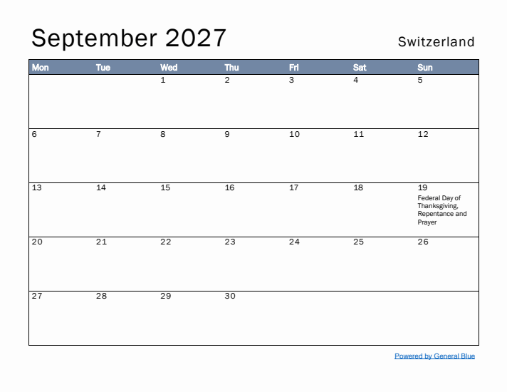 September 2027 Simple Monthly Calendar for Switzerland