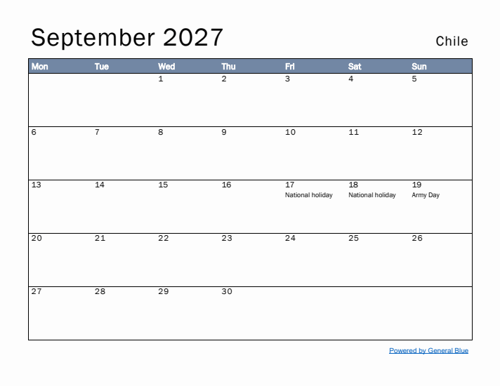 September 2027 Simple Monthly Calendar for Chile