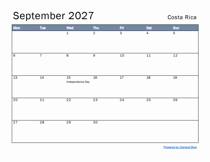 September 2027 Simple Monthly Calendar for Costa Rica