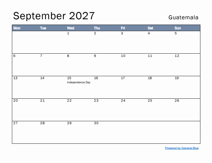 September 2027 Simple Monthly Calendar for Guatemala