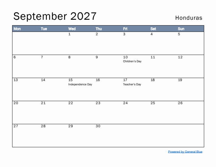 September 2027 Simple Monthly Calendar for Honduras