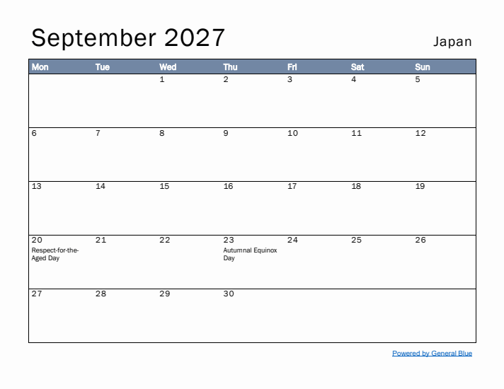 September 2027 Simple Monthly Calendar for Japan