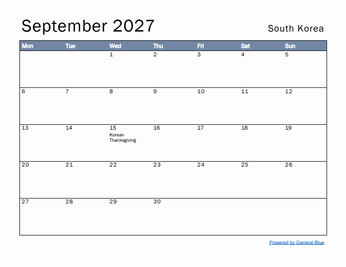 September 2027 Simple Monthly Calendar for South Korea