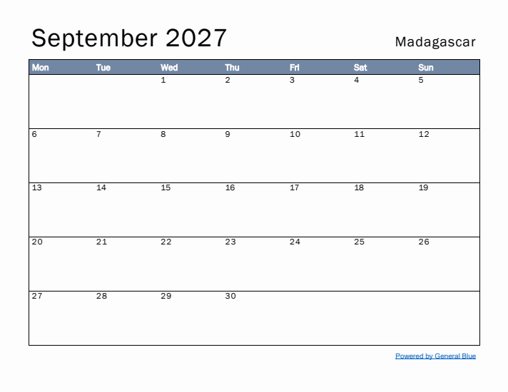 September 2027 Simple Monthly Calendar for Madagascar