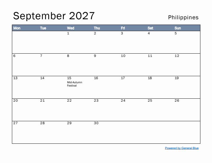 September 2027 Simple Monthly Calendar for Philippines