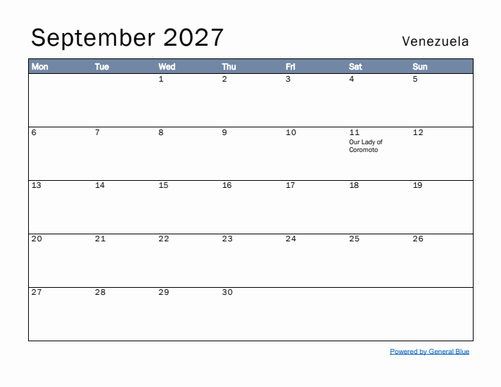 September 2027 Simple Monthly Calendar for Venezuela