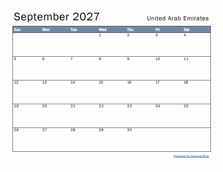 September 2027 Simple Monthly Calendar for United Arab Emirates