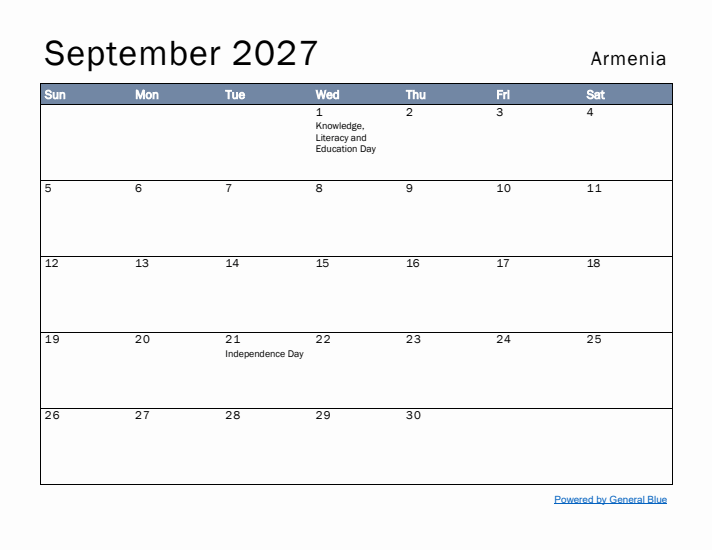 September 2027 Simple Monthly Calendar for Armenia