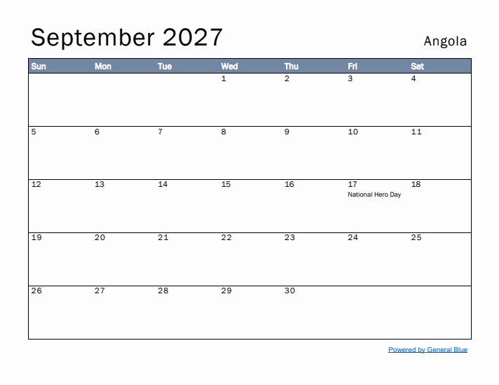 September 2027 Simple Monthly Calendar for Angola