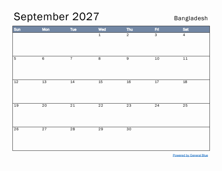 September 2027 Simple Monthly Calendar for Bangladesh