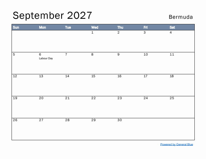 September 2027 Simple Monthly Calendar for Bermuda