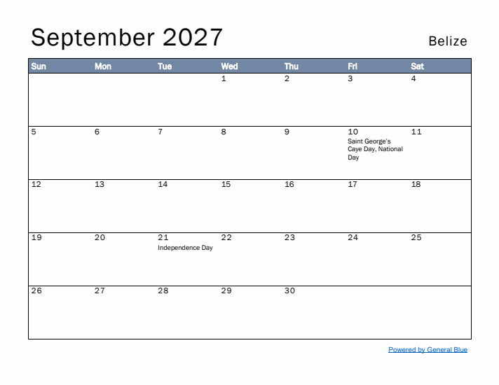 September 2027 Simple Monthly Calendar for Belize