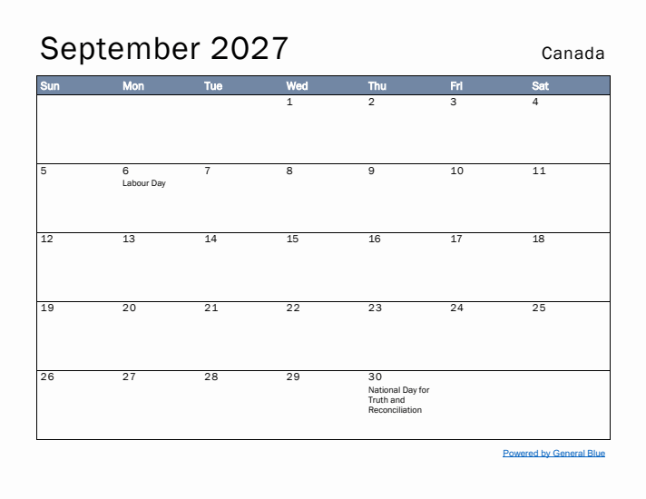 September 2027 Simple Monthly Calendar for Canada