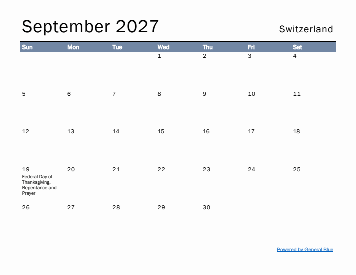 September 2027 Simple Monthly Calendar for Switzerland