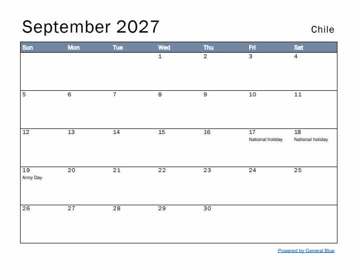 September 2027 Simple Monthly Calendar for Chile