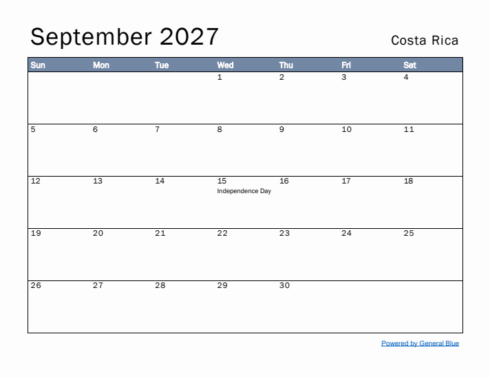 September 2027 Simple Monthly Calendar for Costa Rica