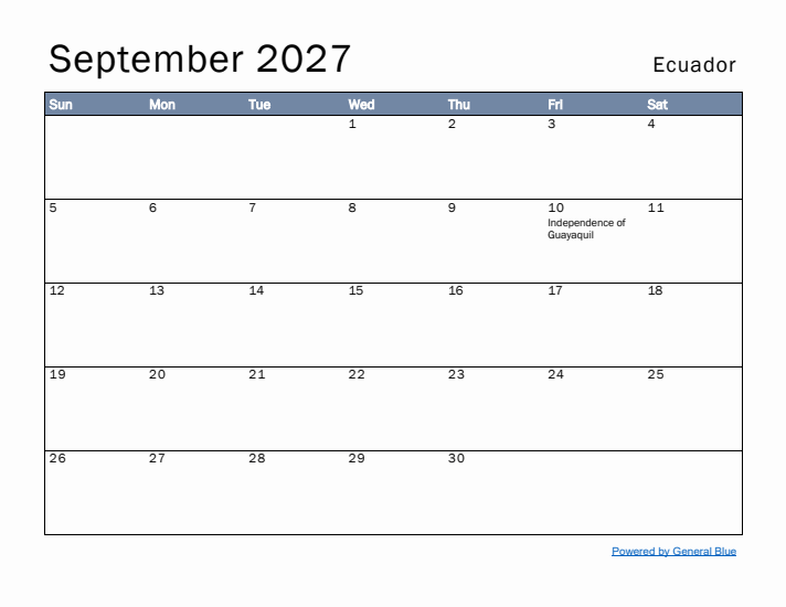 September 2027 Simple Monthly Calendar for Ecuador