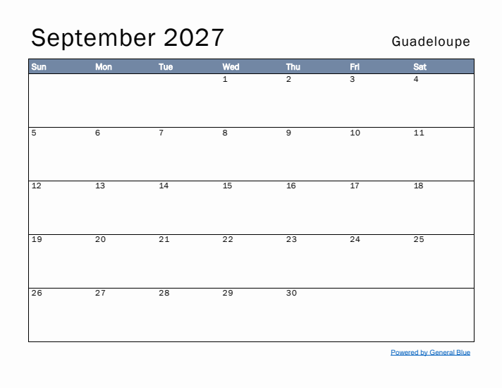 September 2027 Simple Monthly Calendar for Guadeloupe