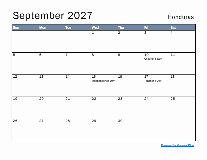 September 2027 Simple Monthly Calendar for Honduras