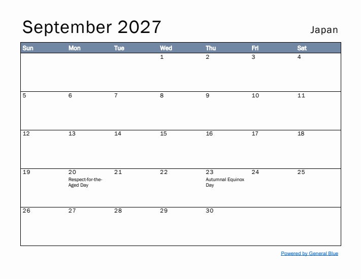 September 2027 Simple Monthly Calendar for Japan