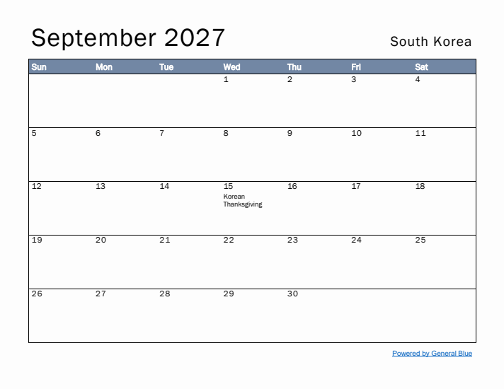 September 2027 Simple Monthly Calendar for South Korea