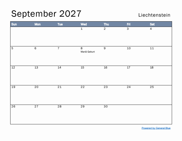 September 2027 Simple Monthly Calendar for Liechtenstein