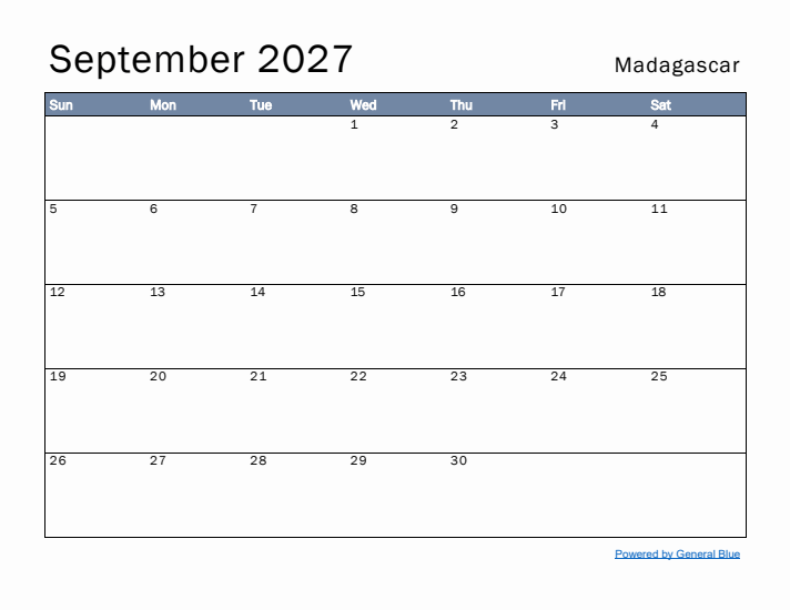 September 2027 Simple Monthly Calendar for Madagascar