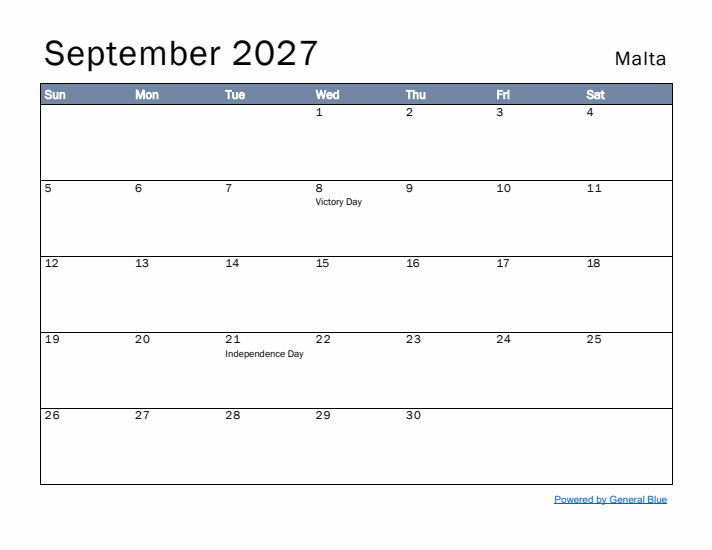 September 2027 Simple Monthly Calendar for Malta