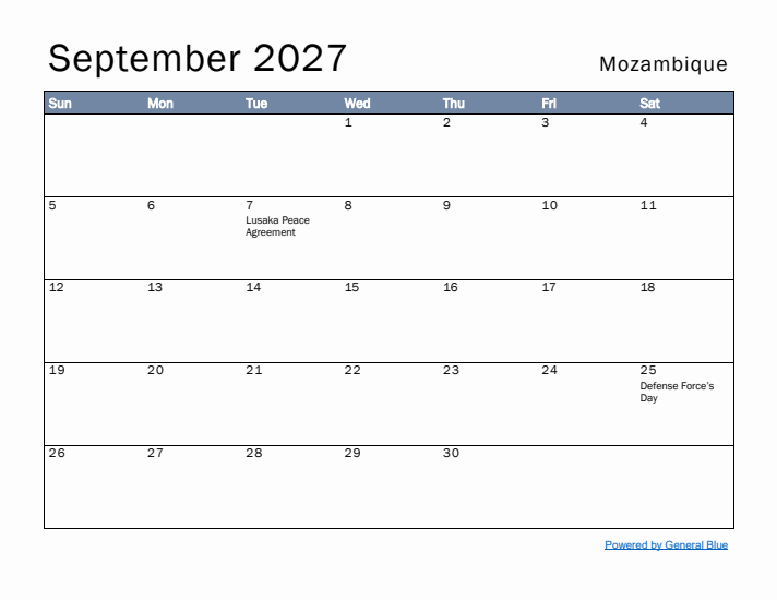 September 2027 Simple Monthly Calendar for Mozambique