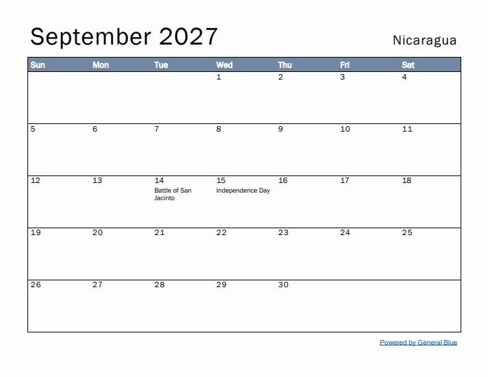 September 2027 Simple Monthly Calendar for Nicaragua