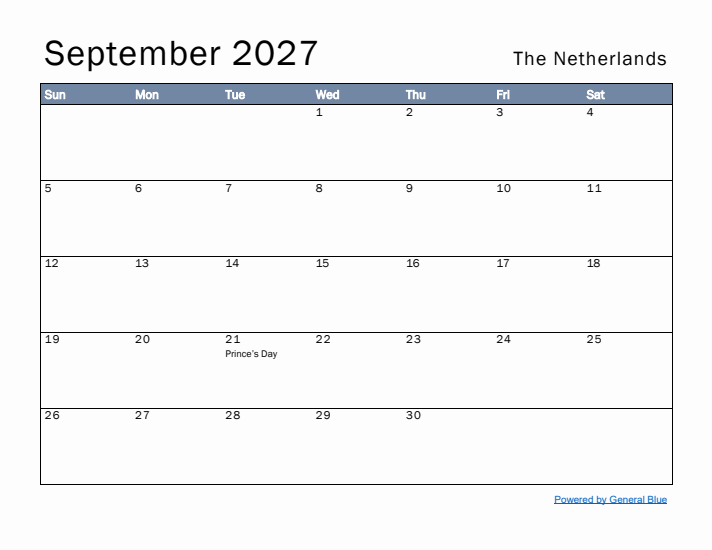 September 2027 Simple Monthly Calendar for The Netherlands