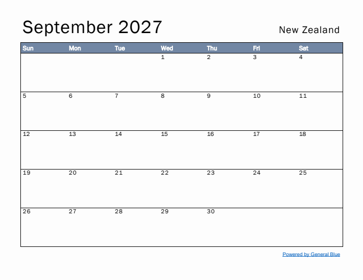 September 2027 Simple Monthly Calendar for New Zealand