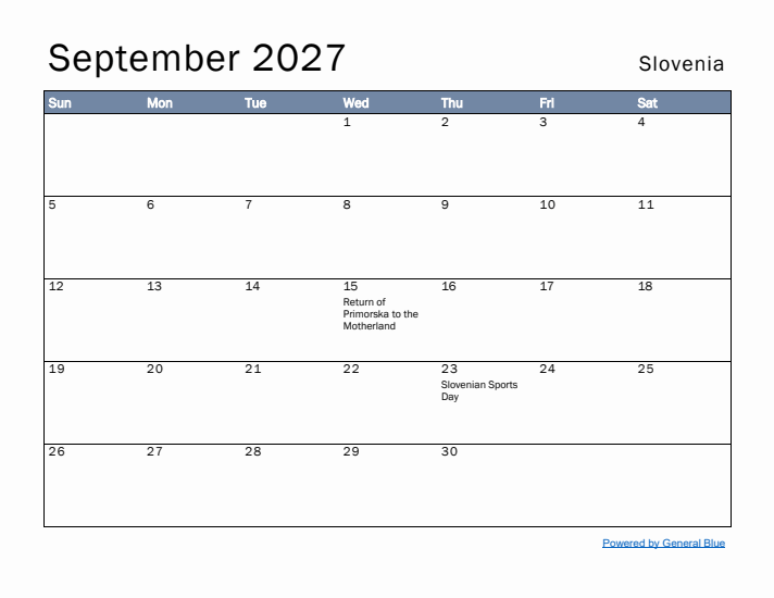 September 2027 Simple Monthly Calendar for Slovenia