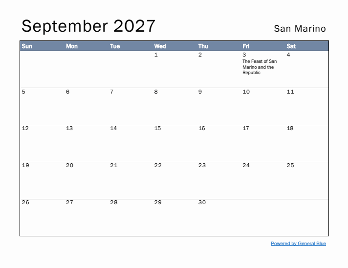 September 2027 Simple Monthly Calendar for San Marino