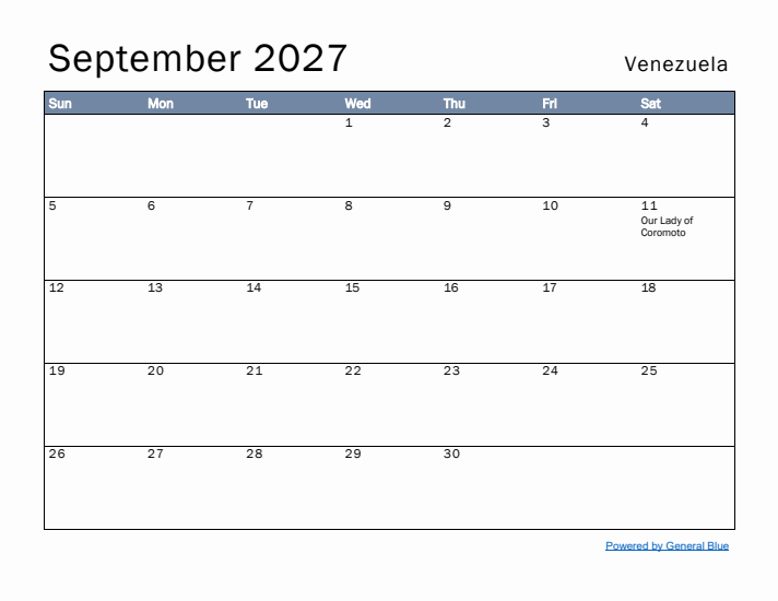 September 2027 Simple Monthly Calendar for Venezuela