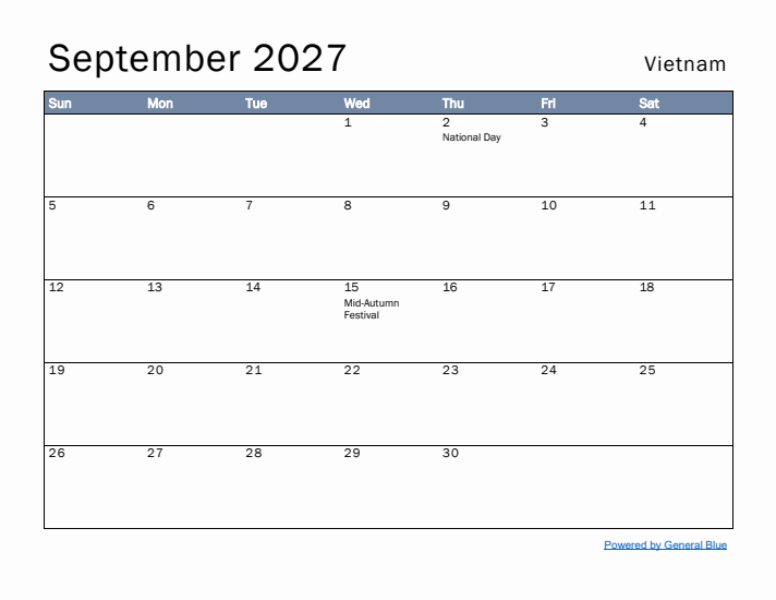 September 2027 Simple Monthly Calendar for Vietnam