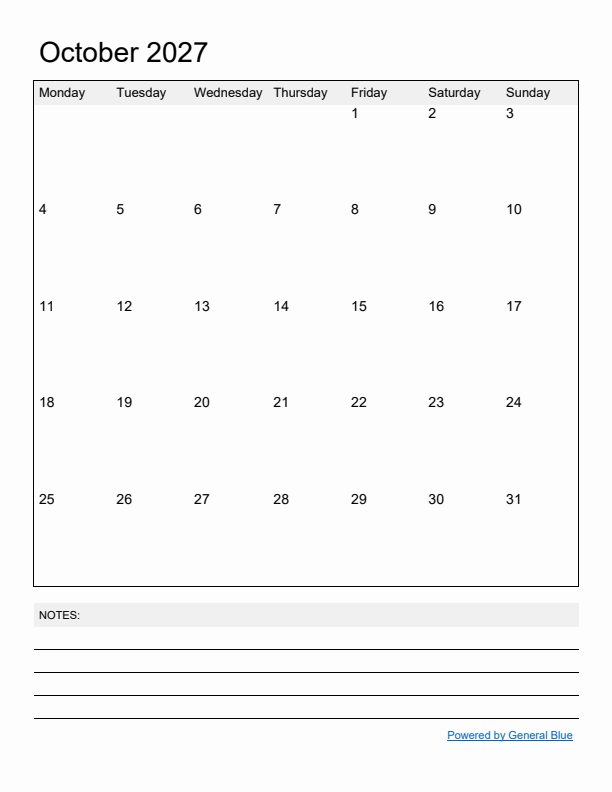 Basic Monthly Calendar Template for October 2027