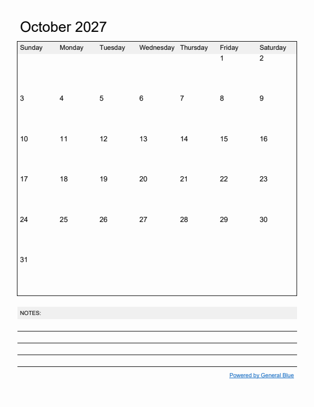 Basic Monthly Calendar Template for October 2027