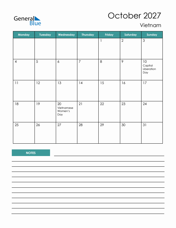 Calendar with Notes Printable - Monday Start