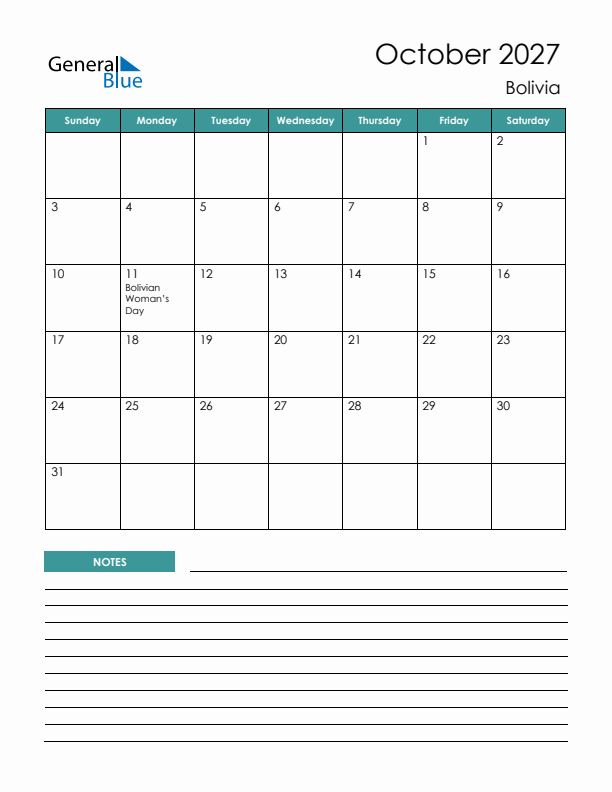 Calendar with Notes Printable - Sunday Start