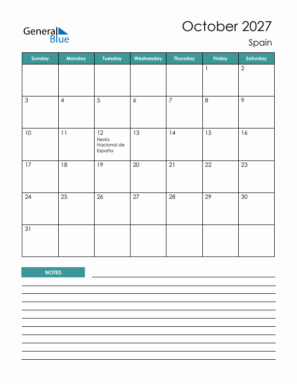 Calendar with Notes Printable - Sunday Start