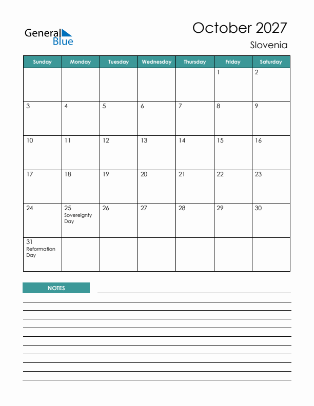 Calendar with Notes Printable - Sunday Start